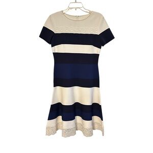 St. John Striped Luxe Sculpture Lace Trim Above the Knee Dress size 6